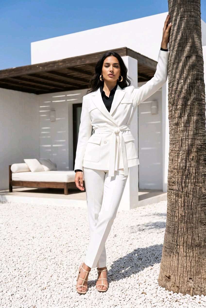 A woman models a white tailored blazer and matching trousers set with a tie waist, styled over a black top and nude heels, standing outdoors next to a palm tree in a modern white-walled courtyard.