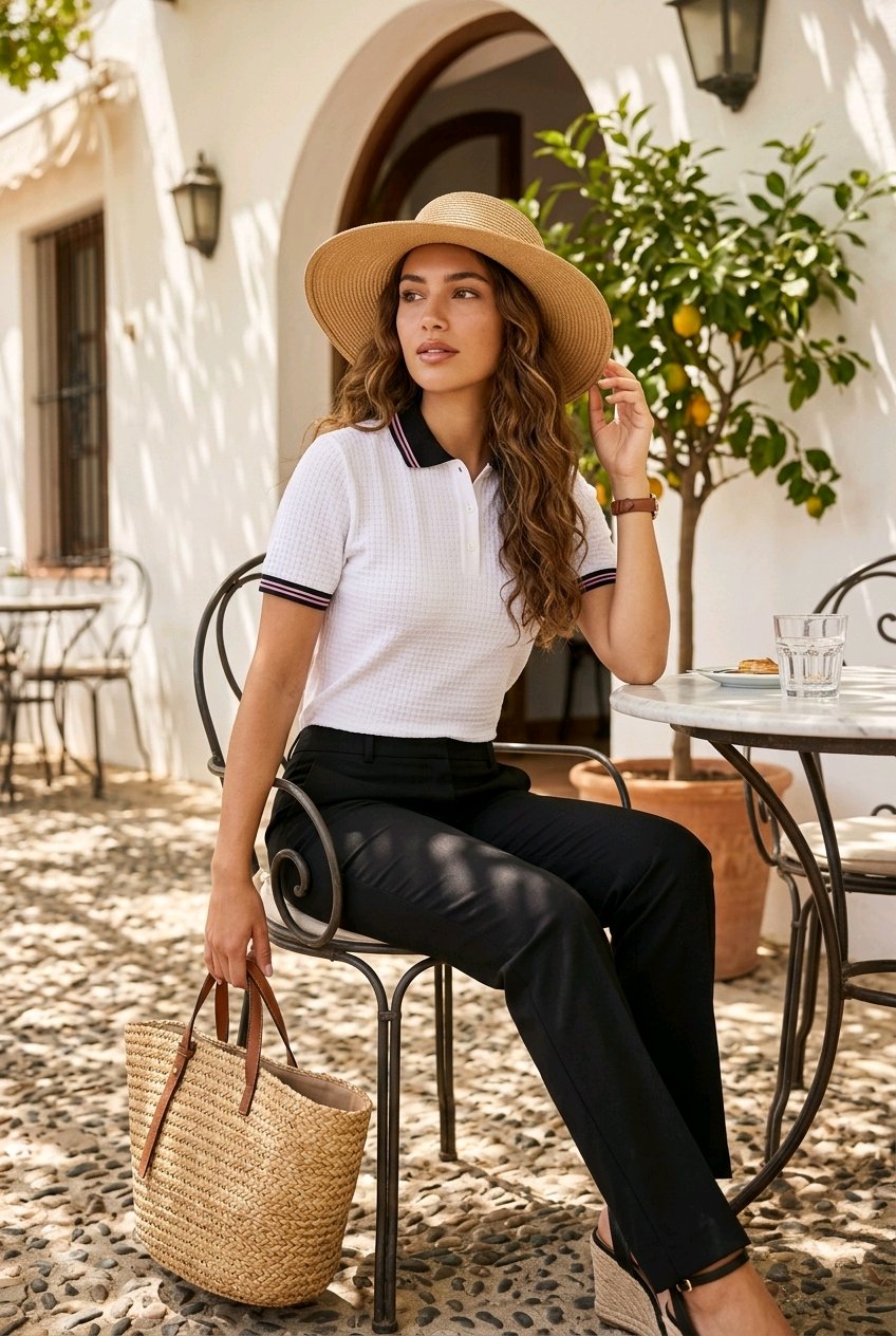 A woman sits on a wrought-iron patio chair in a sunlit courtyard, wearing a white short-sleeve polo shirt with dark navy trim, black trousers, a wide-brim straw hat, and carrying a woven straw tote bag.