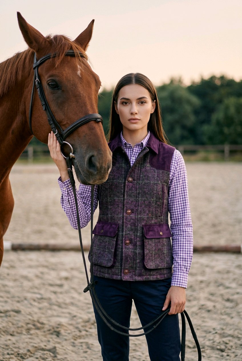 A woman standing in an equestrian arena next to a brown horse, wearing a purple and gray plaid hunting vest over a purple and white check shirt, with navy pants.