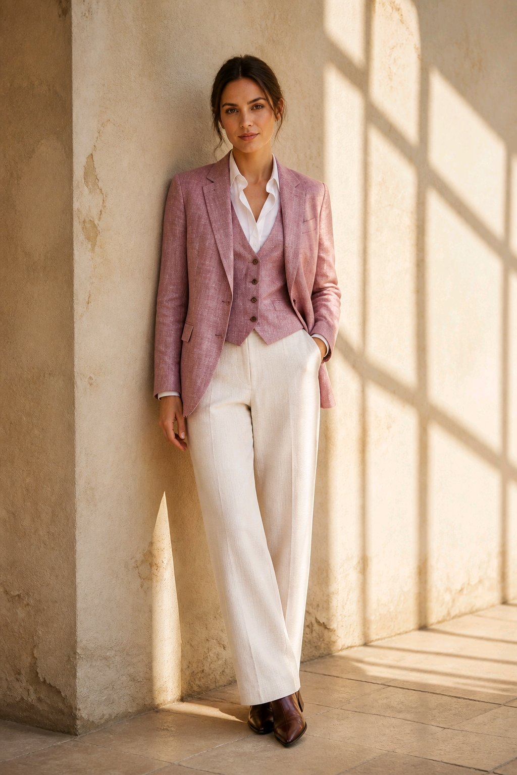 A woman stands against a textured beige stone wall in warm sunlight, wearing a dusty pink tailored blazer and matching vest over a white collared shirt, paired with wide-leg white trousers and dark brown shoes.