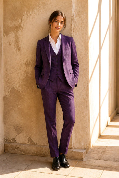 A woman stands against a textured beige wall wearing a purple three-piece suit with a white shirt and black dress shoes.