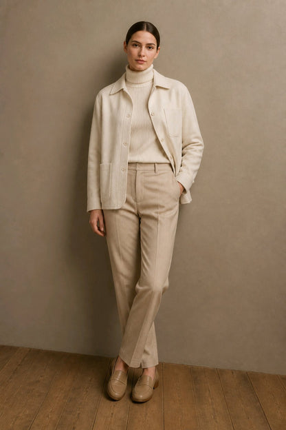 A woman stands against a textured taupe wall on a wood floor, wearing a cream turtleneck sweater, a light beige jacket, beige trousers, and beige loafers.