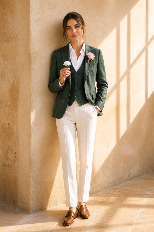 A woman stands against a warm beige plaster wall wearing a dark green tailored blazer over a white shirt and vest, white trousers, and brown leather loafers. She holds a small white flower and has a pink flower pinned to her lapel.