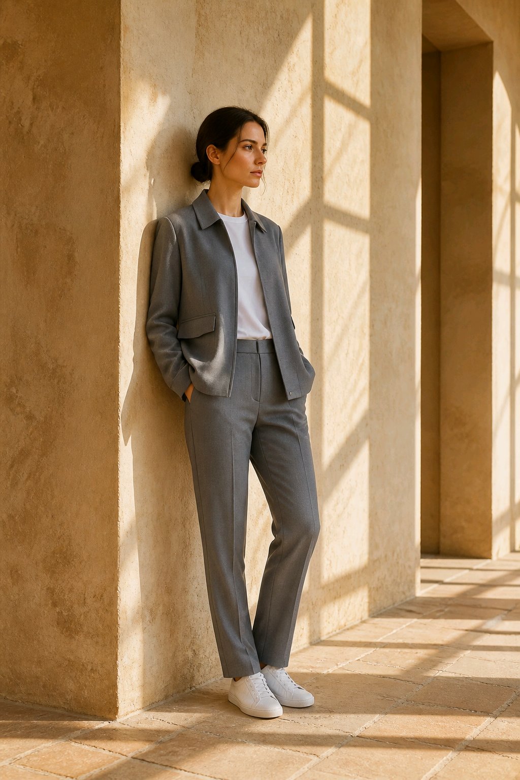 A woman stands against a warm beige stone wall in a columned corridor, wearing a tailored gray blazer and matching trousers over a white top and white sneakers.