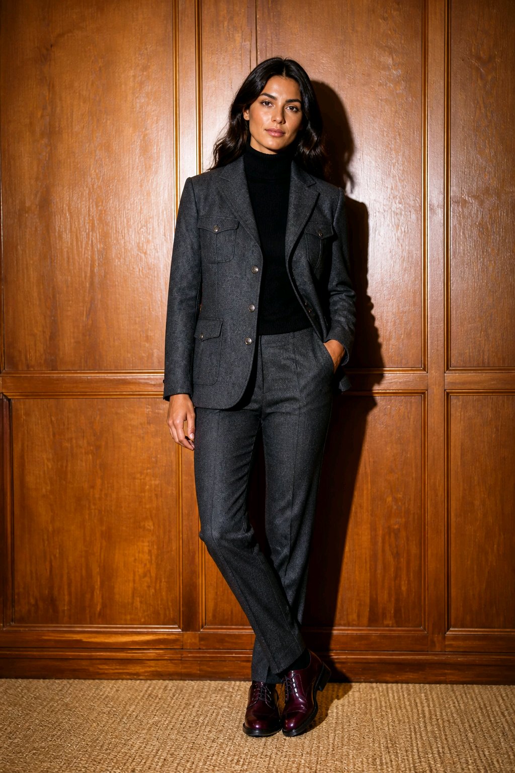 A woman stands against a warm wood-paneled wall wearing a tailored dark gray suit with a black turtleneck and dark brown polished shoes.