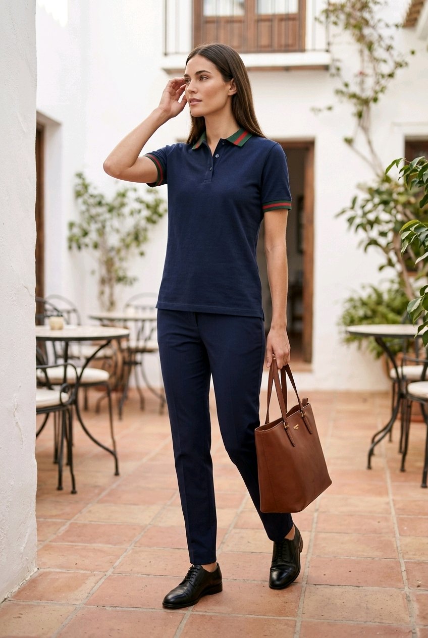 A woman stands in a courtyard wearing a navy blue short-sleeve polo shirt with green and orange trim, matching navy trousers, and black shoes, while carrying a brown leather tote bag.