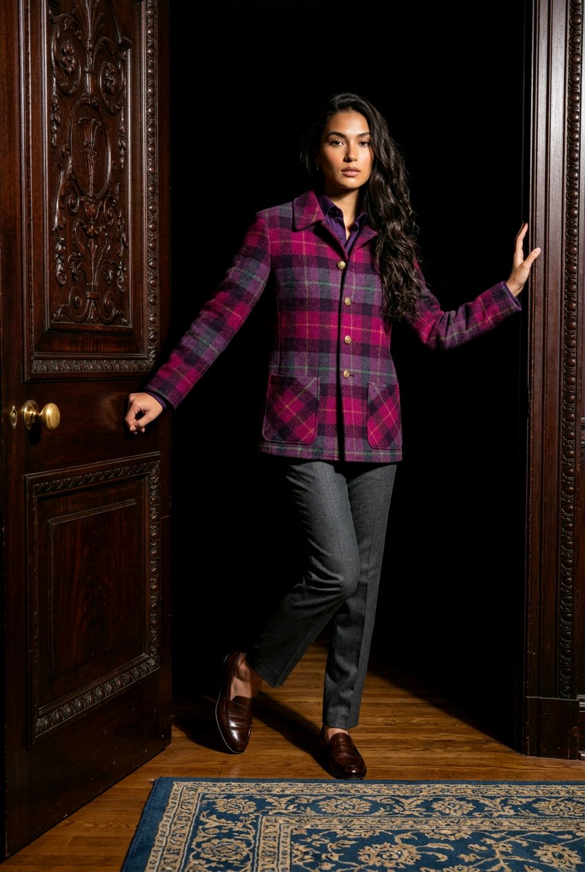 A woman stands in a doorway wearing a magenta and dark gray plaid button-up shirt jacket, dark gray trousers, and brown loafers, with a blue patterned rug on the floor.