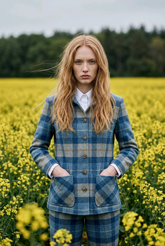 A woman stands in a field of yellow flowers wearing a blue and beige plaid blazer and matching trousers over a white collared shirt.