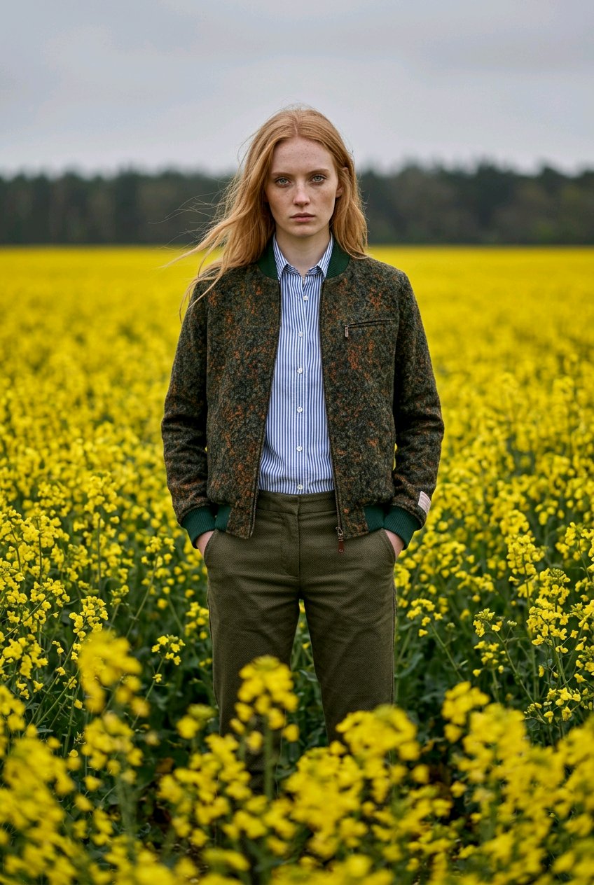 A woman stands in a field of yellow flowers wearing a dark patterned bomber jacket over a light blue striped button-up shirt and olive green trousers.