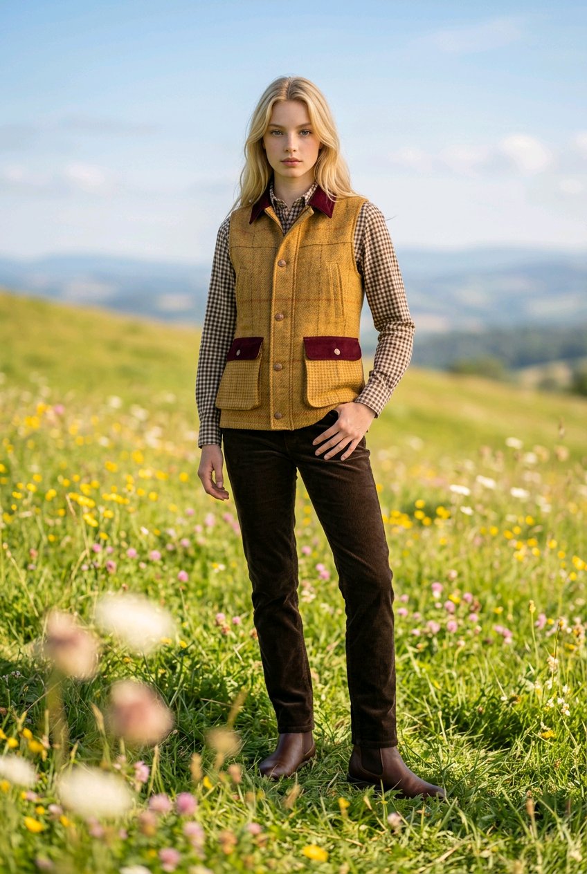 A woman stands in a grassy field with wildflowers and distant hills under a blue sky, wearing a tan corduroy vest over a brown-and-white check shirt, dark brown trousers, and brown boots.