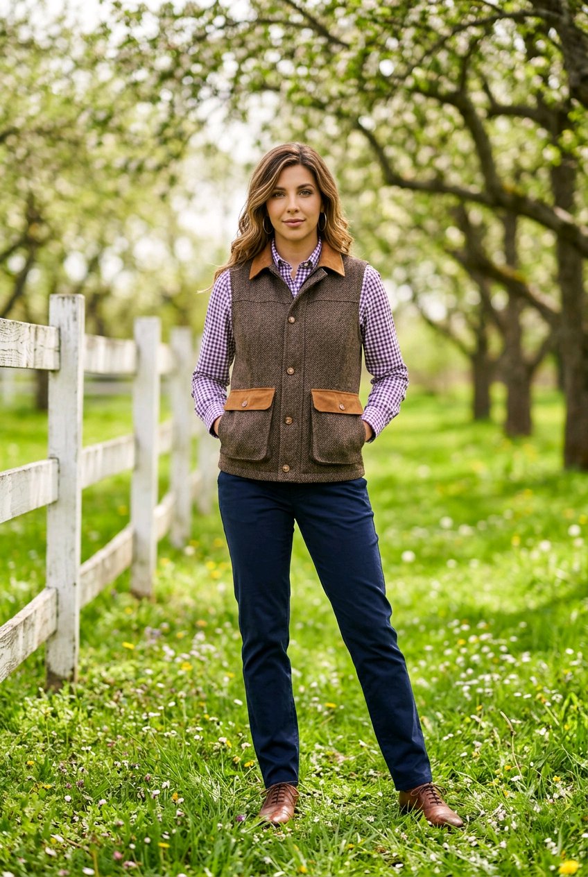 A woman stands in a grassy orchard wearing a brown tweed waistcoat over a purple check shirt, navy pants, and brown shoes. The waistcoat has tan collar and pocket trim.