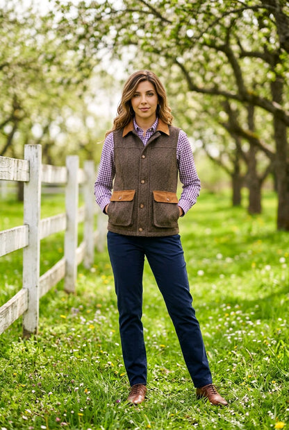A woman stands in a grassy orchard wearing a brown tweed waistcoat over a purple check shirt, navy pants, and brown shoes. The waistcoat has tan collar and pocket trim.