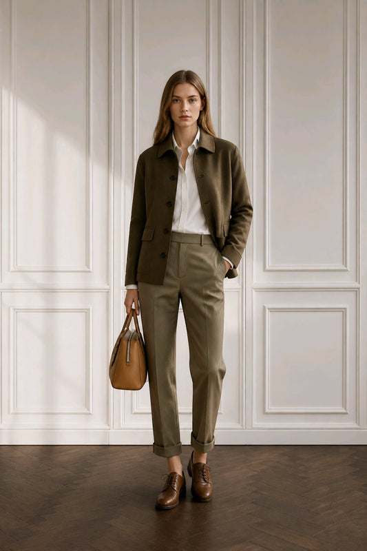 A woman stands in a room with white paneled walls and a dark wood floor, wearing an olive green blazer and matching trousers over a white shirt, holding a brown leather handbag.