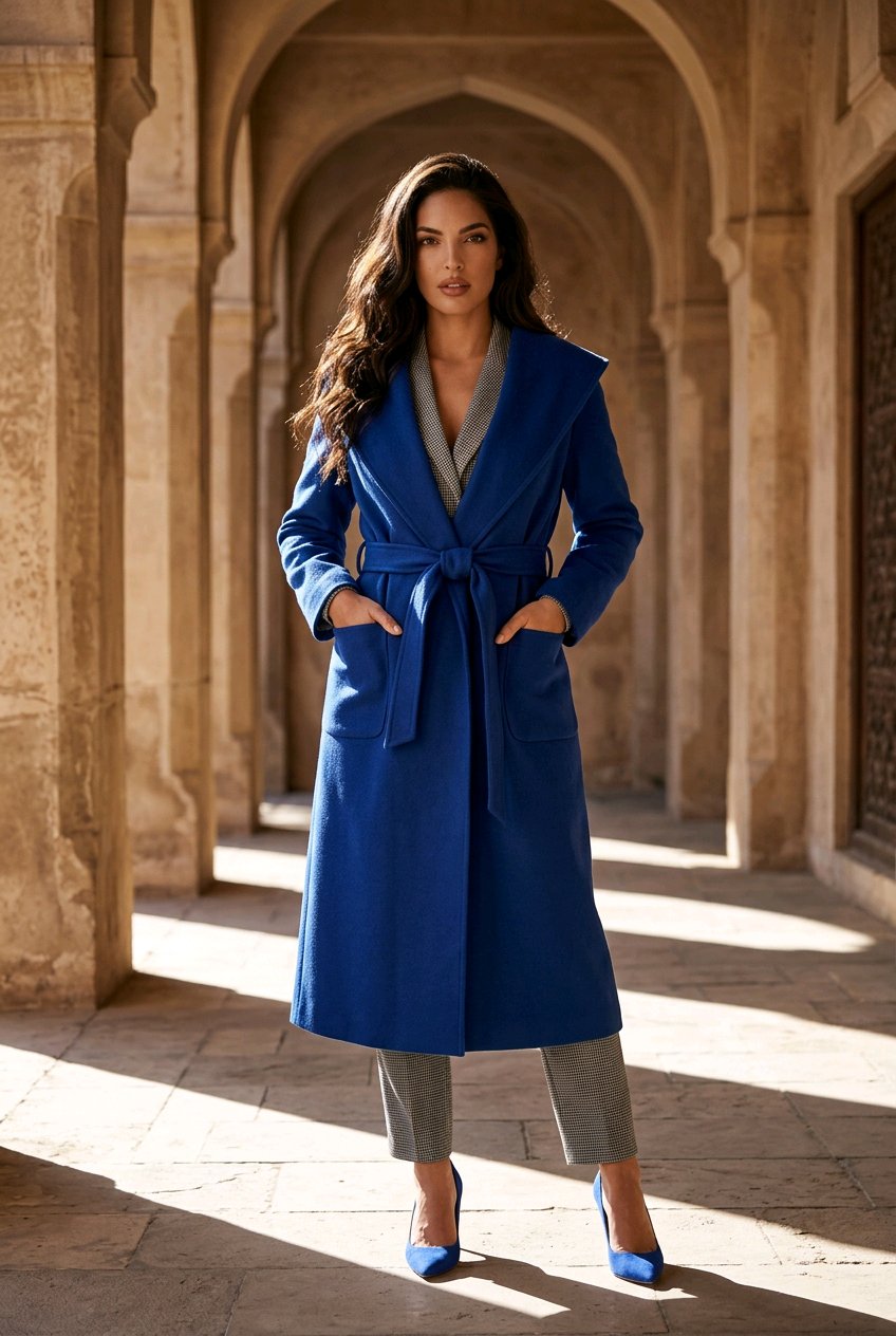 A woman stands in a stone arcade wearing a long royal blue wrap coat over a gray top and gray cropped pants, with blue pointed heels.