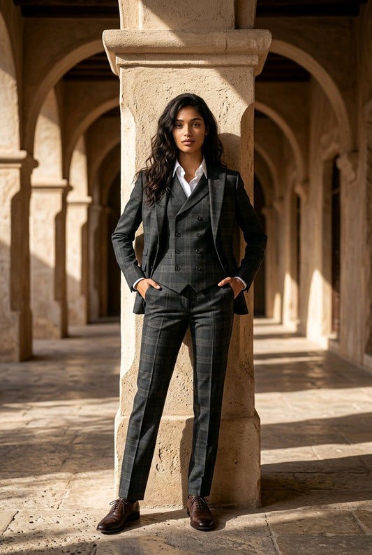 A woman stands in a stone colonnade wearing a dark charcoal gray three-piece plaid suit, a white collared shirt, and dark brown leather dress shoes.