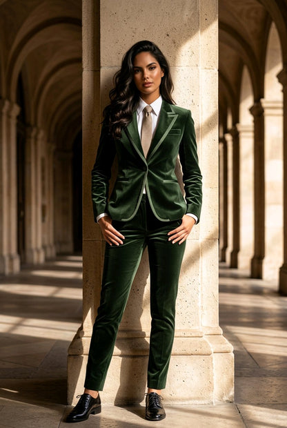 A woman stands in a stone colonnade wearing a tailored dark green velvet suit with a white shirt and tie, black pointed shoes, and a gold necklace.