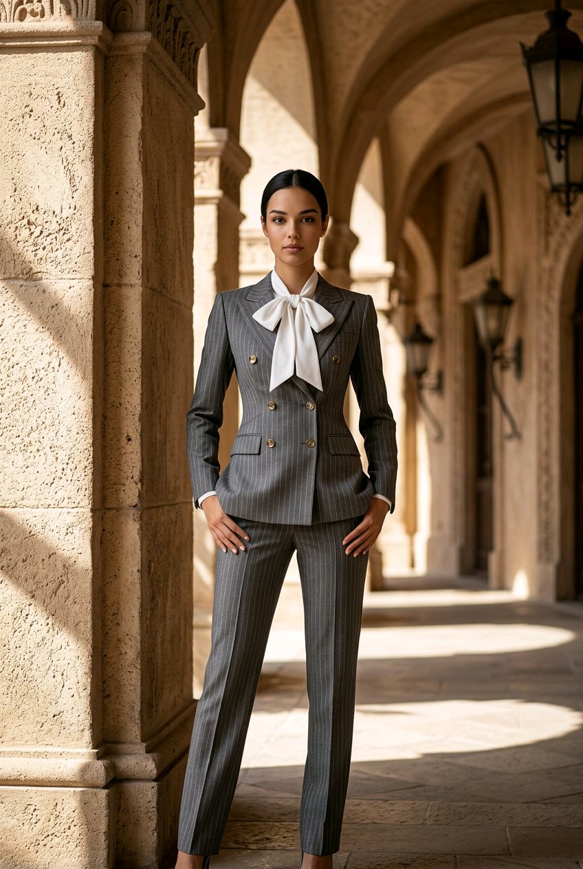 A woman stands in a stone colonnade wearing a tailored gray pinstripe double-breasted suit with a large white bow at the collar and gold-toned buttons.