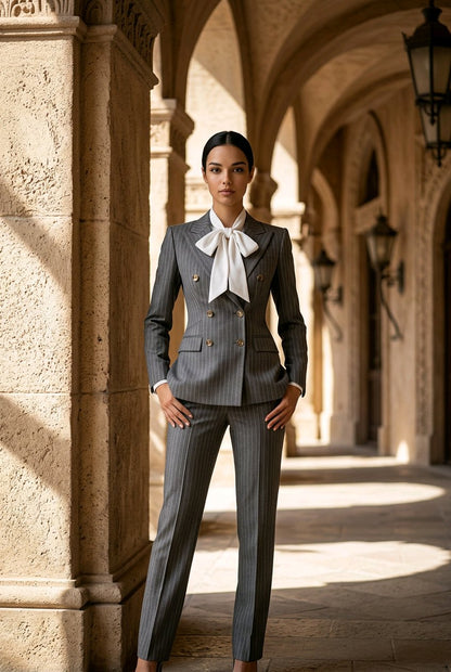 A woman stands in a stone colonnade wearing a tailored gray pinstripe double-breasted suit with a large white bow at the collar and gold-toned buttons.