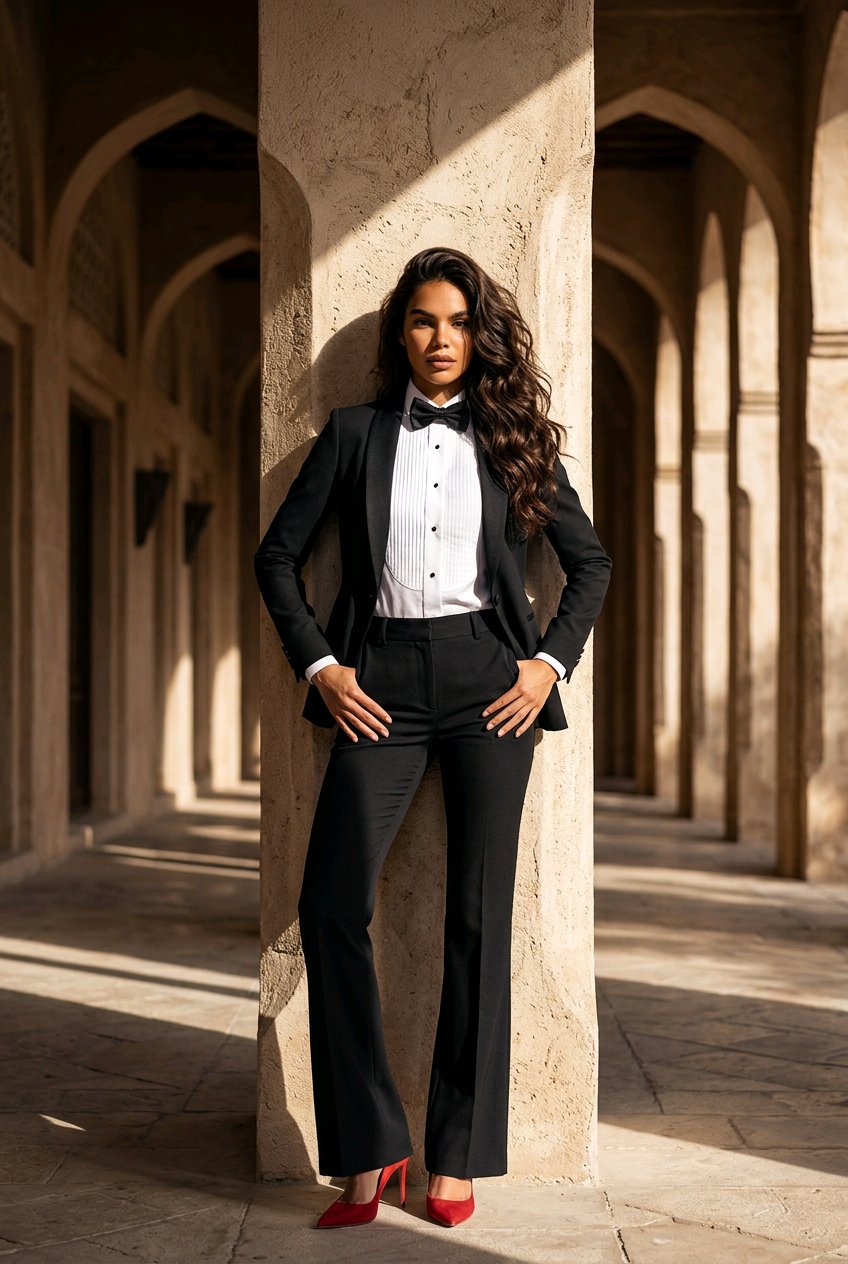 A woman stands in a stone corridor wearing a black tuxedo-style suit with a white shirt, black bow tie, and red high heels.