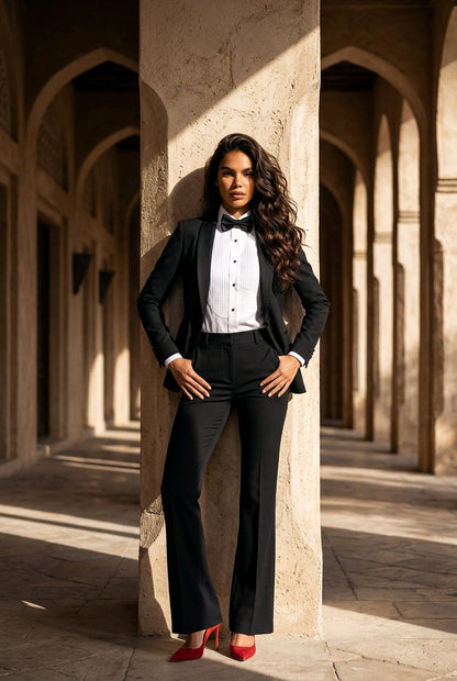 A woman stands in a stone corridor wearing a black tuxedo-style suit with a white shirt, black bow tie, and red high heels.