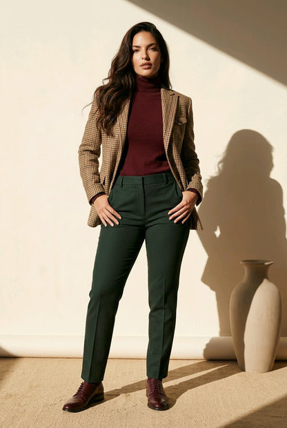 A woman stands in a studio wearing a brown and beige houndstooth blazer, a deep burgundy turtleneck, dark green trousers, and dark brown leather shoes. She is posed against a warm beige wall with strong diagonal shadows and a decorative ceramic vase on the floor.