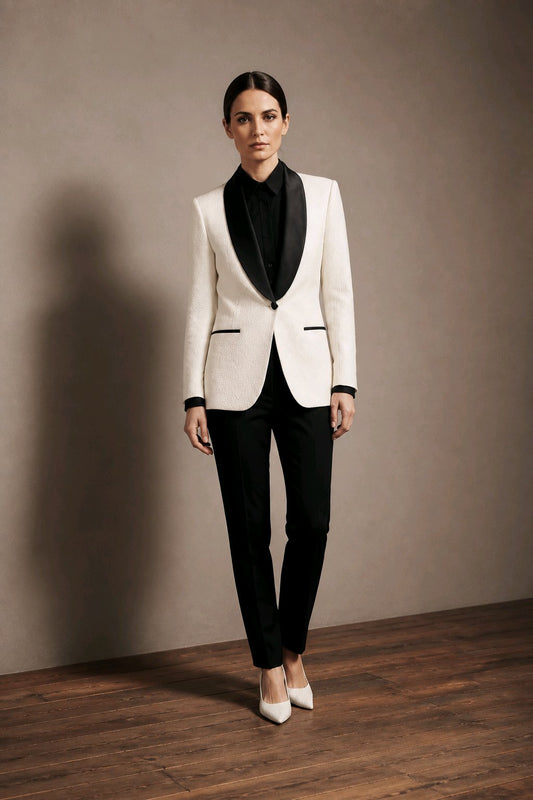 A woman stands in a studio wearing a tailored white blazer with black satin shawl collar and trim, black trousers, a black shirt, and white pointed heels against a warm taupe wall and wood floor.
