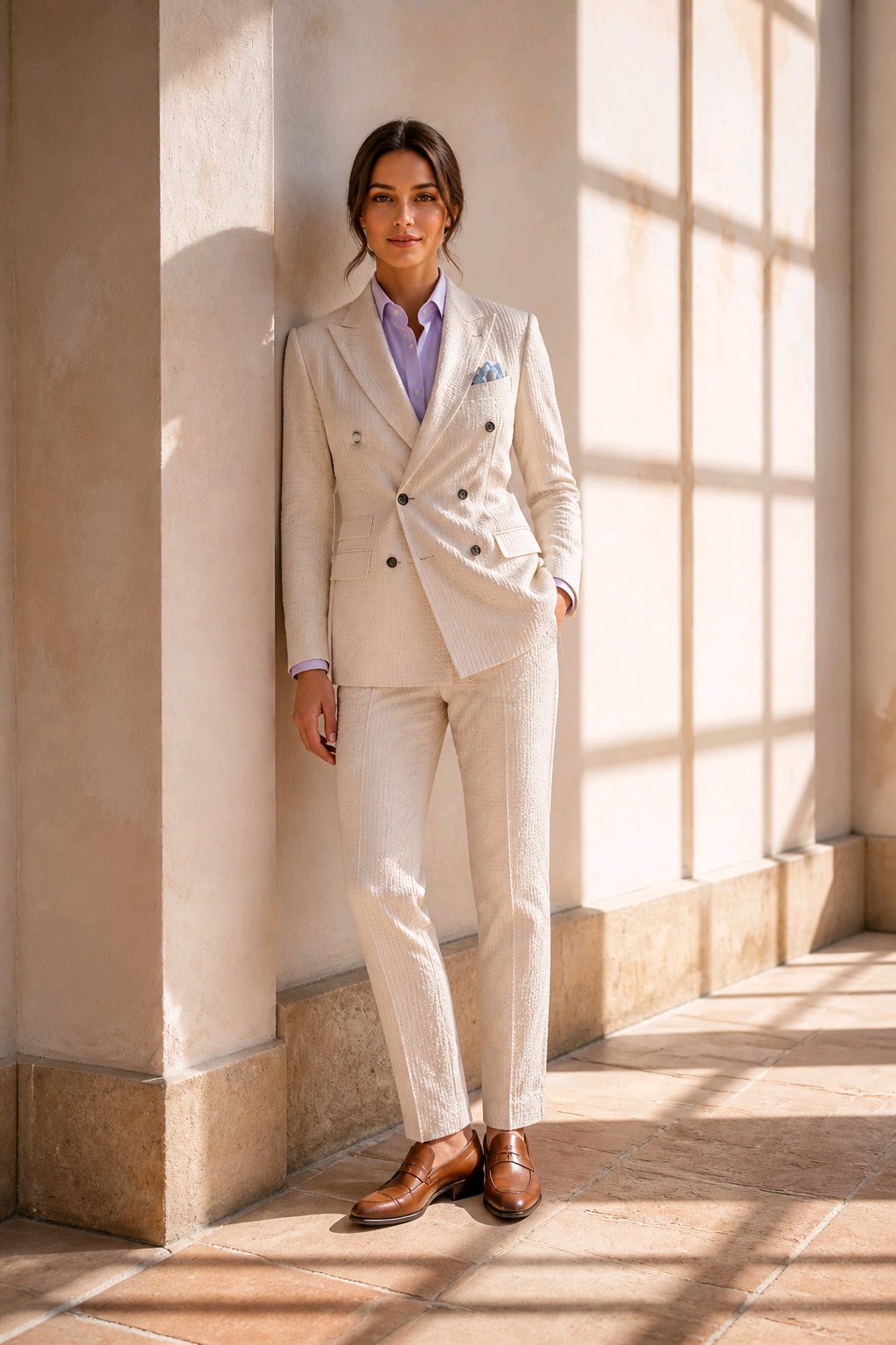 A woman stands in a sunlit architectural corridor wearing a tailored cream double-breasted suit with a light purple shirt, a blue patterned pocket square, and brown leather shoes.