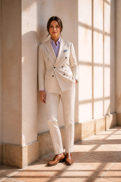 A woman stands in a sunlit architectural corridor wearing a tailored cream double-breasted suit with a light purple shirt, a blue patterned pocket square, and brown leather shoes.
