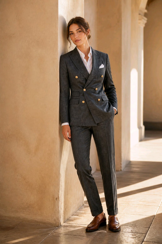 A woman stands in a sunlit architectural corridor wearing a tailored double-breasted gray suit with gold buttons, a white shirt, a white pocket square, and brown leather dress shoes.