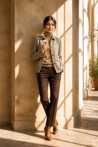 A woman stands in a sunlit architectural corridor wearing a tailored light gray blazer over a beige turtleneck, dark brown trousers, and brown ankle boots.