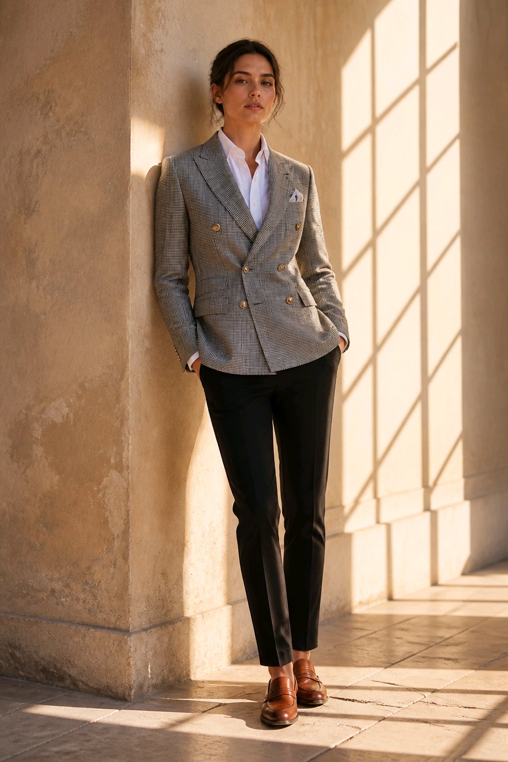 A woman stands in a sunlit architectural corridor wearing a tailored light gray double-breasted blazer over a white collared shirt, black trousers, and brown loafers.