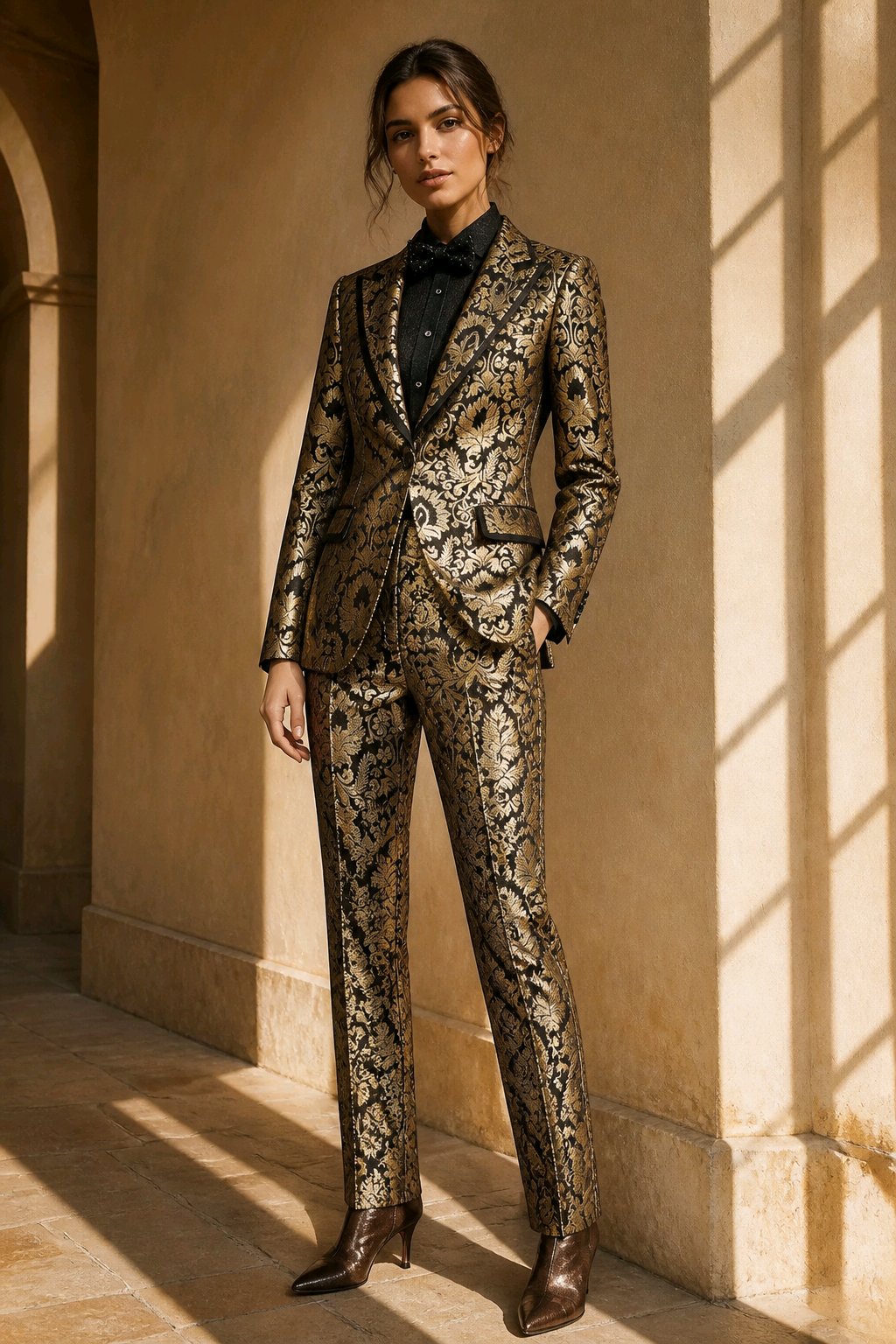 A woman stands in a sunlit architectural corridor wearing a tailored suit with an ornate black and gold patterned fabric, a black shirt, and brown pointed-toe heeled boots.
