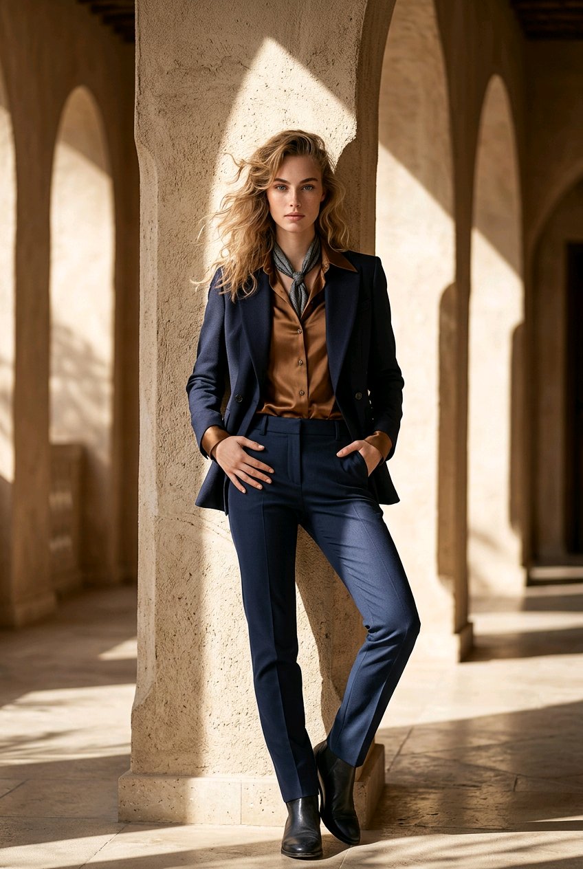 A woman stands in a sunlit architectural corridor with stone arches, wearing a tailored navy blazer and matching navy trousers over a rust-brown satin shirt and a blue patterned scarf, with black ankle boots.