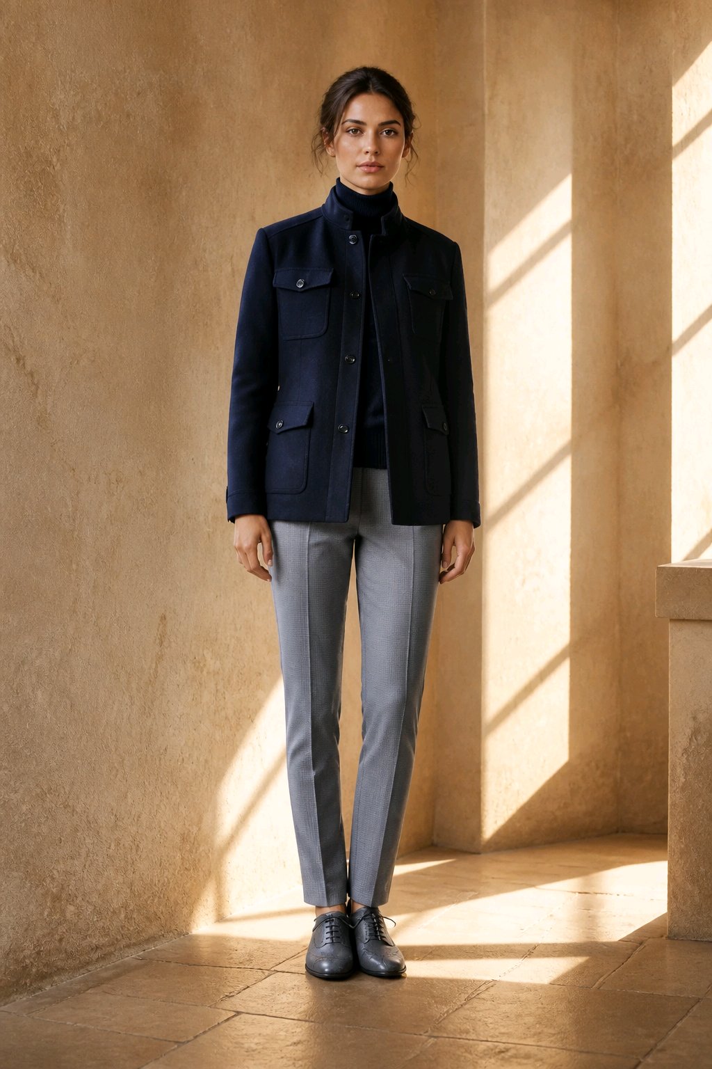 A woman stands in a sunlit architectural interior wearing a dark navy jacket over a dark top, light gray trousers, and dark shoes.