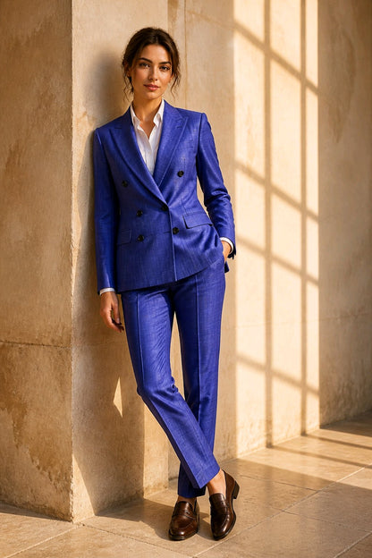 A woman stands in a sunlit architectural interior wearing a tailored royal blue double-breasted suit with a white collared shirt and dark brown loafers.