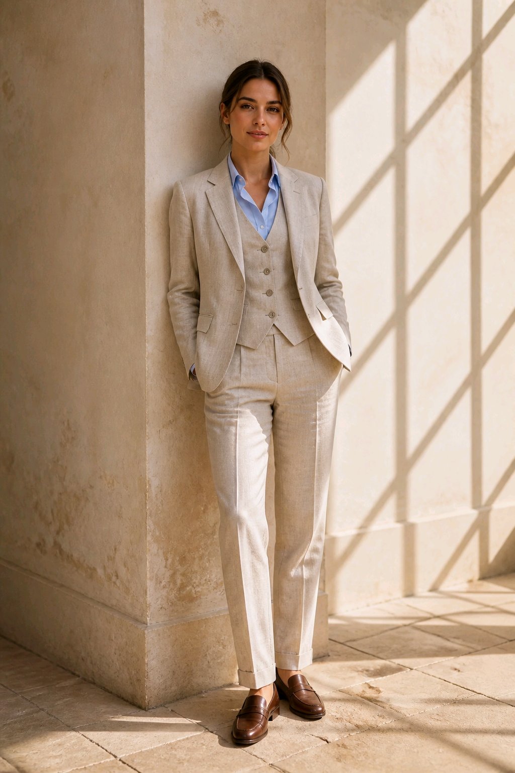 A woman stands in a sunlit architectural setting wearing a tailored light beige suit with a vest, light blue shirt, and brown leather shoes.