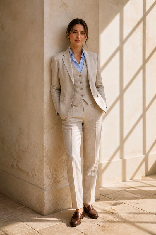 A woman stands in a sunlit architectural setting wearing a tailored light beige suit with a vest, light blue shirt, and brown leather shoes.
