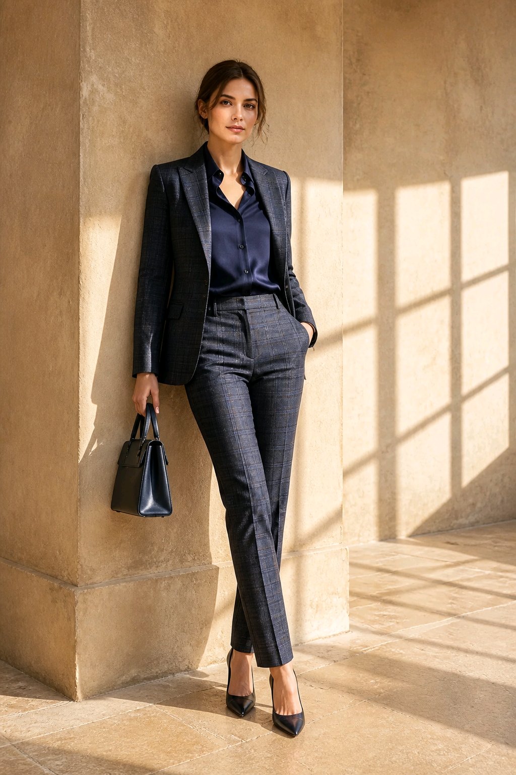 A woman stands in a sunlit architectural setting wearing a tailored navy blazer and matching navy trousers with a subtle plaid pattern, paired with a dark satin blouse, black heels, and carrying a structured black handbag.