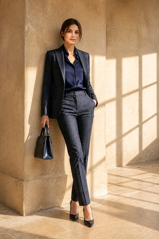 A woman stands in a sunlit architectural setting wearing a tailored navy blazer and matching navy trousers with a subtle plaid pattern, paired with a dark satin blouse, black heels, and carrying a structured black handbag.