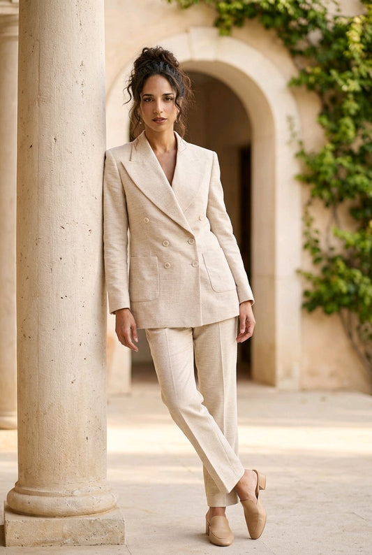A woman stands in a sunlit courtyard wearing a tailored light beige double-breasted blazer with matching straight-leg trousers and beige heels, posed beside a large stone column.