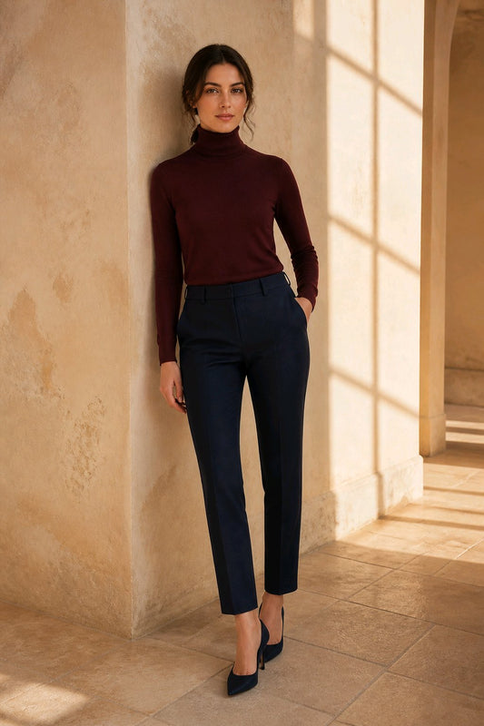 A woman stands in a sunlit interior wearing a fitted burgundy turtleneck sweater and dark navy cropped trousers with navy heels.