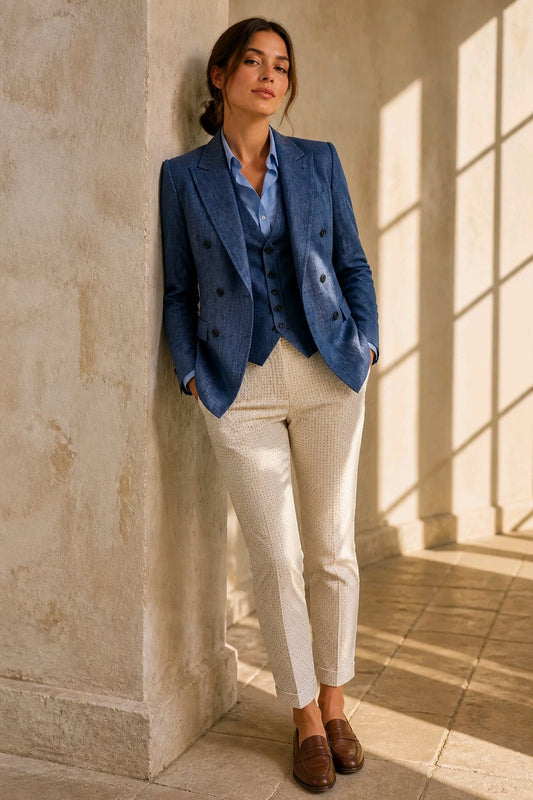A woman stands in a sunlit interior wearing a tailored blue double-breasted blazer over a matching blue vest and shirt, paired with cream textured trousers and brown loafers.