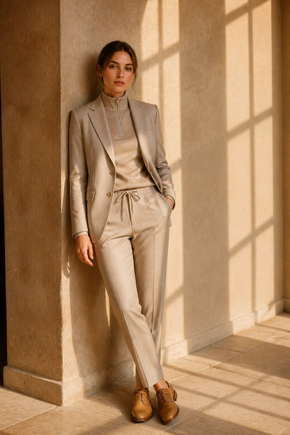 A woman stands in a sunlit interior wearing a tailored light beige suit with a mock neck top, matching trousers, and brown leather shoes.