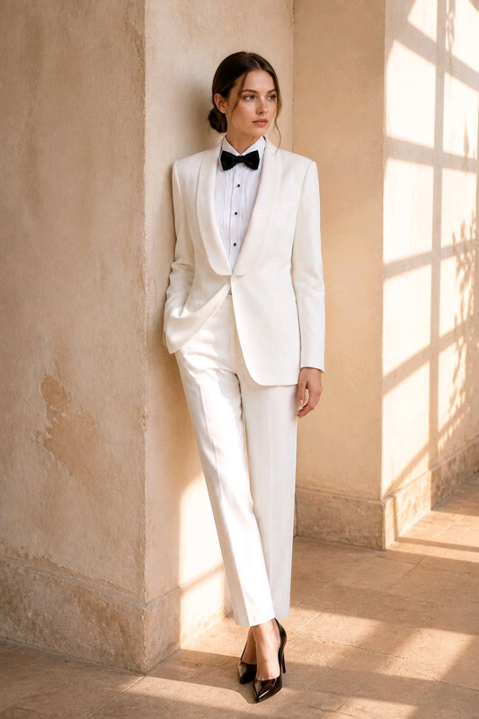 A woman stands in a sunlit interior wearing a tailored white tuxedo-style suit with a white shirt, black bow tie, and black pointed heels.