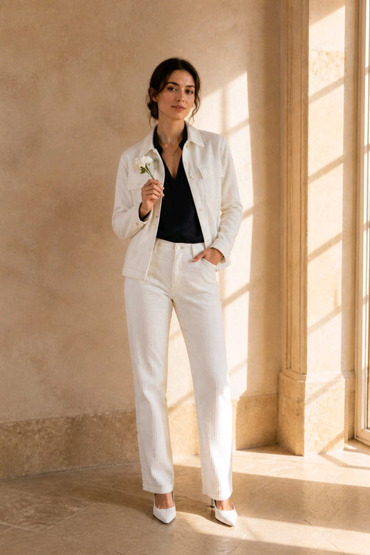 A woman stands in a sunlit interior wearing a white tailored blazer and matching wide-leg trousers over a black top, with white pointed shoes and holding a small white flower.