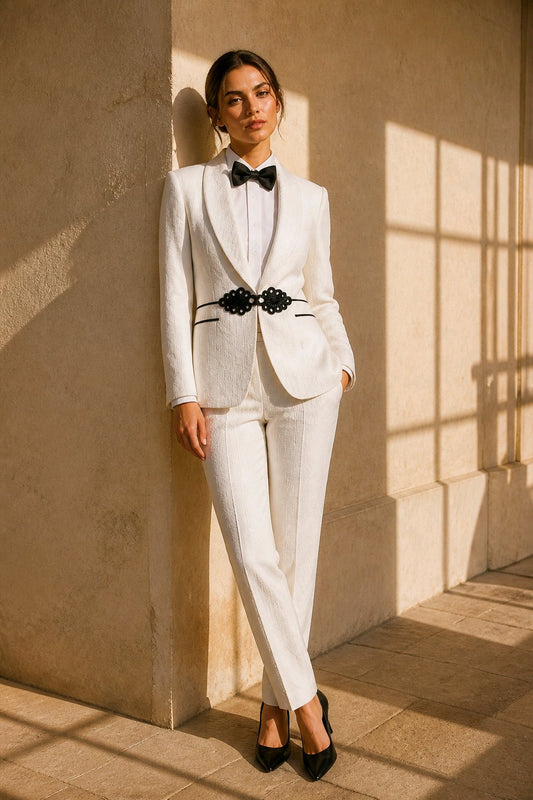 A woman stands in a sunlit interior wearing a white tailored suit with black trim, a black bow tie, and black pointed shoes against a beige stone wall.