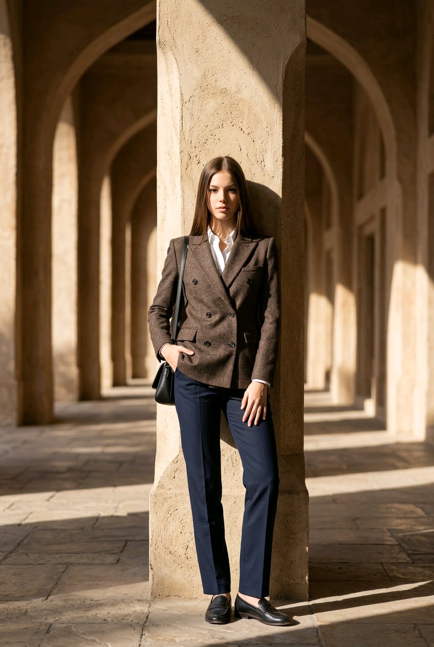 A woman stands in a sunlit stone arcade wearing a brown double-breasted blazer, navy trousers, a white shirt, and black loafers, with a black shoulder bag.