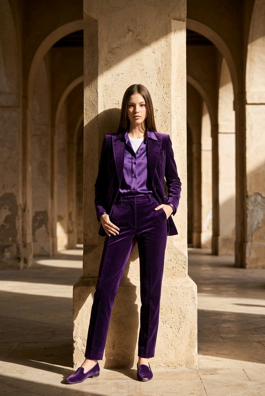 A woman stands in a sunlit stone arcade wearing a matching purple velvet blazer and trousers suit with a purple satin shirt and purple loafers.