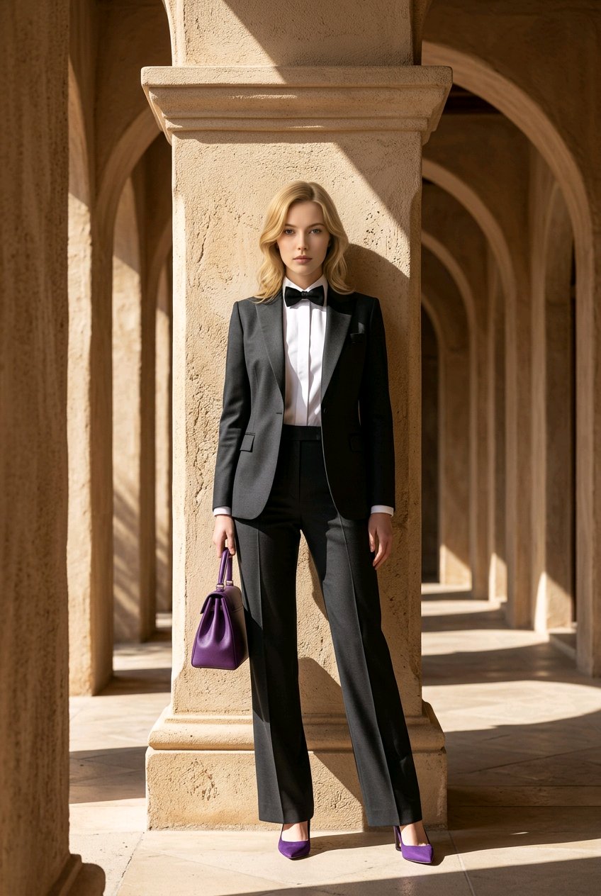 A woman stands in a sunlit stone colonnade wearing a black tuxedo-style suit with a white shirt, black bow tie, and black trousers. She holds a purple handbag and wears purple pointed shoes.