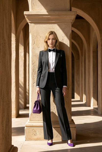 A woman stands in a sunlit stone colonnade wearing a black tuxedo-style suit with a white shirt, black bow tie, and black trousers. She holds a purple handbag and wears purple pointed shoes.